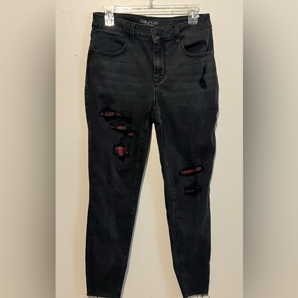 Maurice’s Medium Charcoal Buffalo Plaid with Frayed and Distressed Jeans